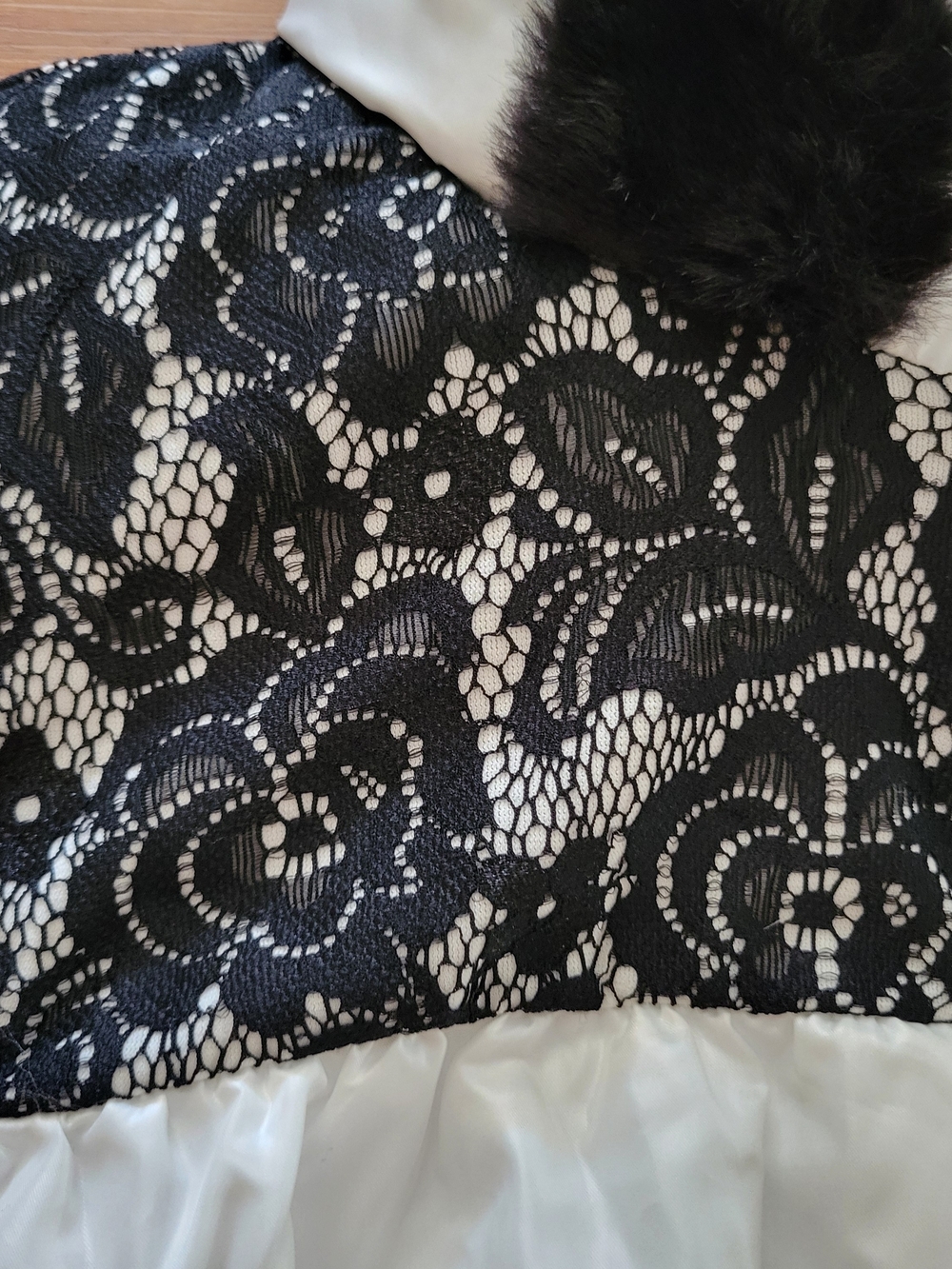 bebe Bonded Lace Puffer Hooded Vest with Black Lace and Faux Fur Trim - Picture 2 of 5